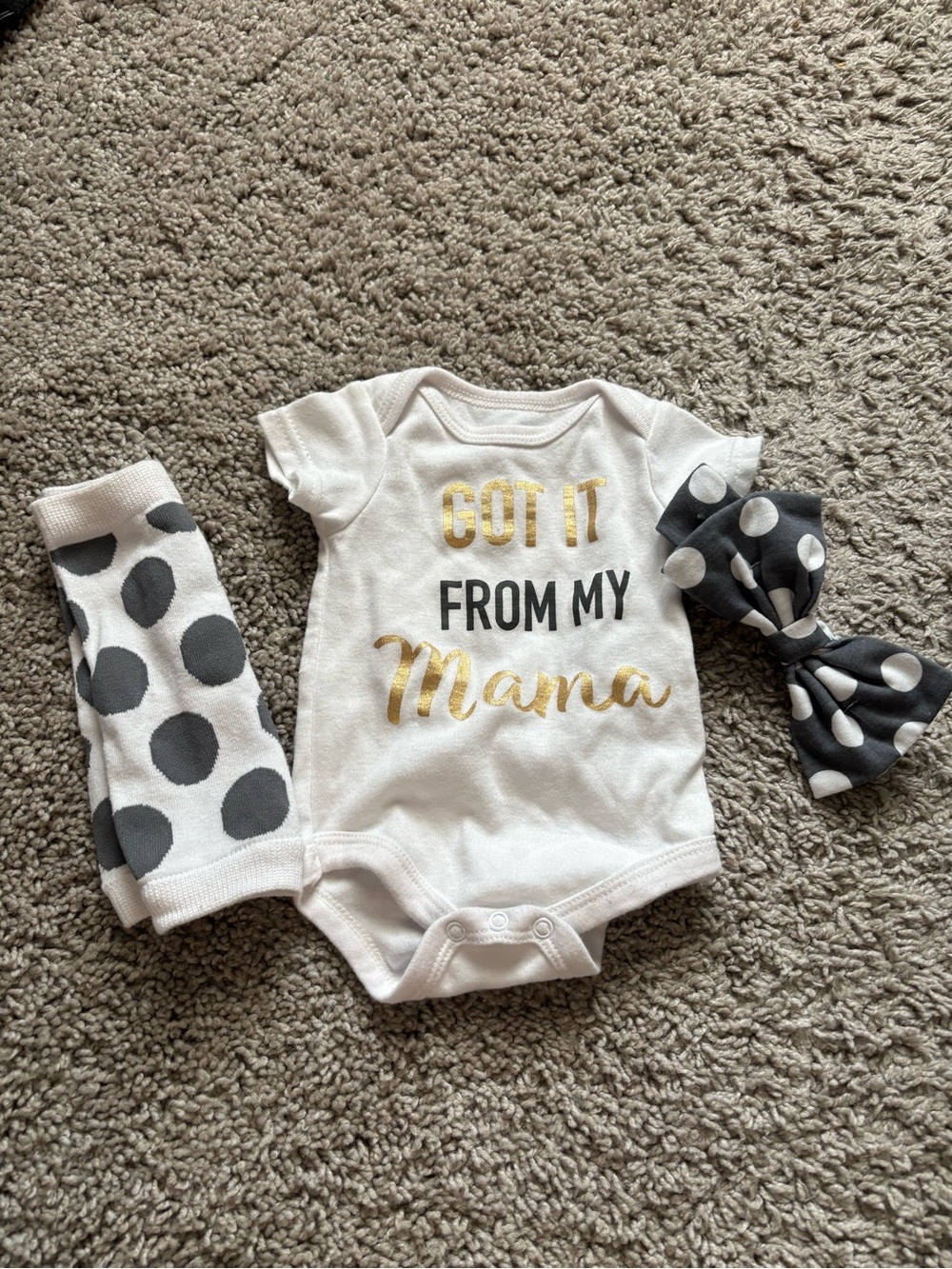 Got It From My Mama onesie and Gray Polka Dot Accessories